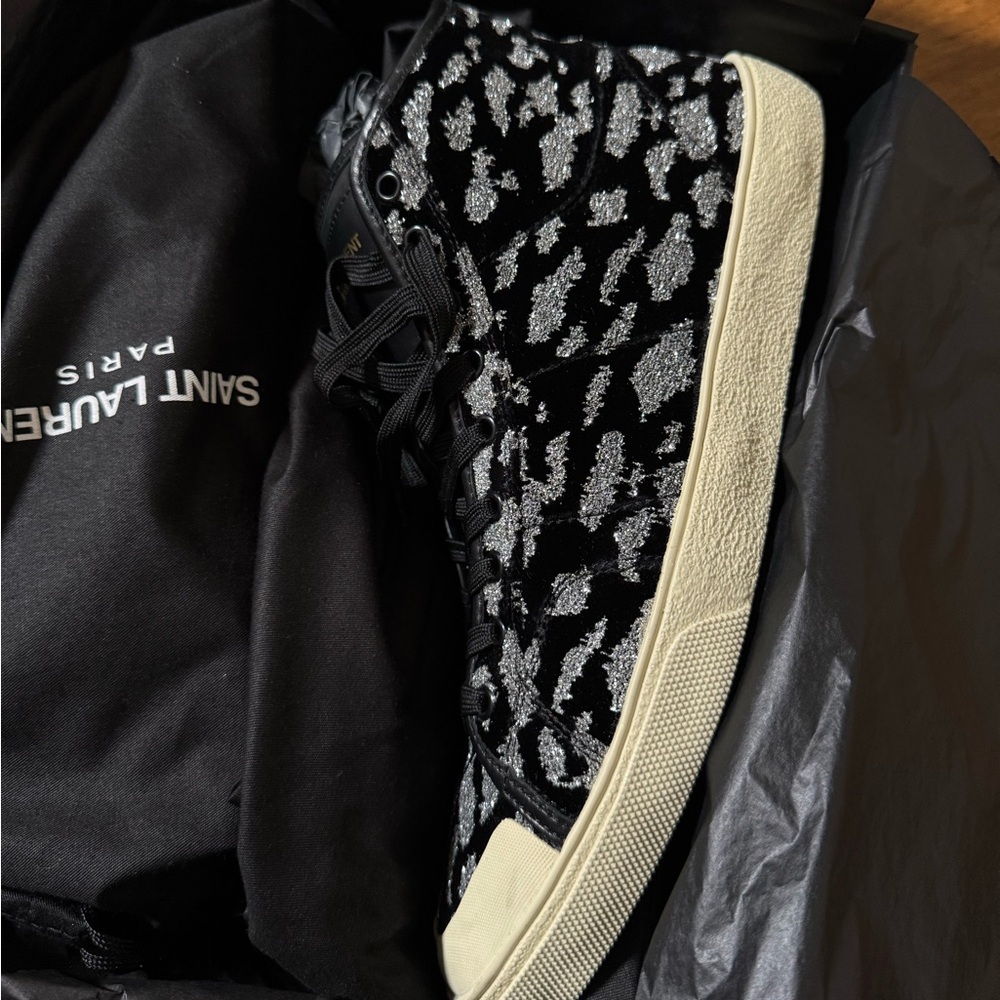 SAINT LAURENT Black Velvet & Silver Glitter Leopard Print High Tops Size 44.5 - Picture 5 of 9